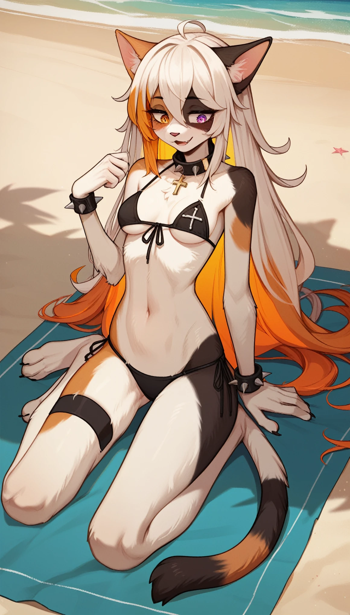 Half-closed eyes, tired expression, 1girl, anthro, furry, fur, fluffy fur, calico cat, cat girl, white hair (orange highlights), heterochromia eyes, long hair, full body, (19 years), medium breast, thighs, solo, (beach), detailed, black bikini (cross-laced bikini), excited smile, black spiked wristband, black spiked collar, score_9, score_8_up, score_7_up, score_6_up, score_5_up, score_4_up