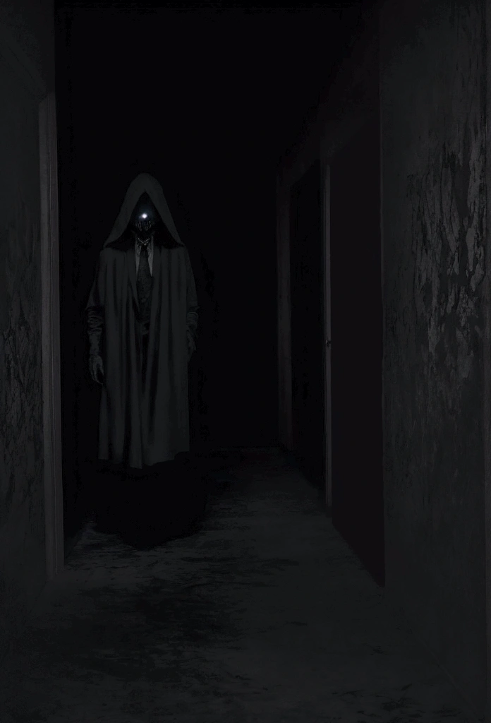 Create an eerie image of a terrifying figure standing in the middle of a dark hotel corridor at night. The figure is shadowy and indistinct, with a menacing, sinister presence. The corridor is dimly lit, with flickering lights casting eerie shadows along the walls. The background includes old, worn wallpaper and a faded carpet, enhancing the creepy, unsettling atmosphere reminiscent of a classic horror movie. The overall scene should evoke a sense of dread and terror