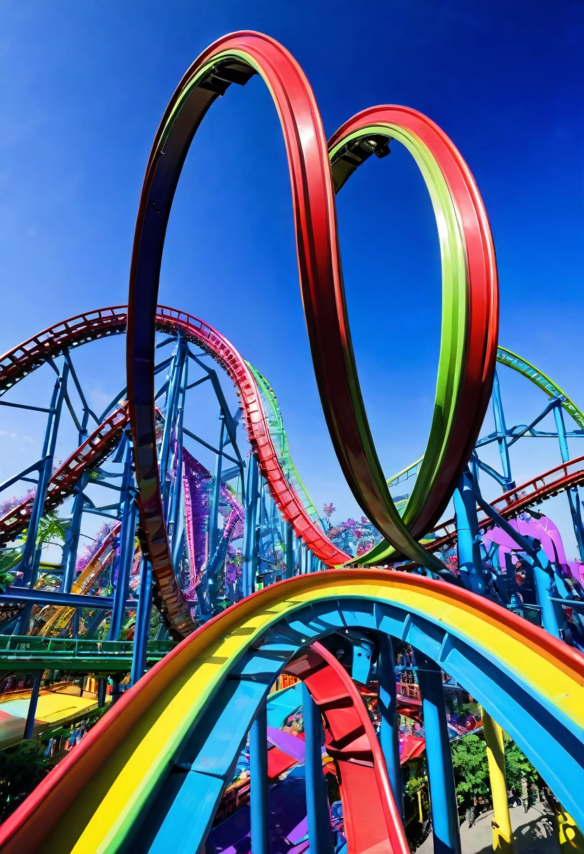 Rainbow roller coaster、A roller coaster running on rainbow-colored tracks,colorful,beautiful flower,wonderful景色,Utopia,An atmosphere full of dreams and hope,masterpiece.16K, Ultra-high resolution, Ultra-high resolution, to be born,wonderful ,future、Iridescent、The world 30 years from now。