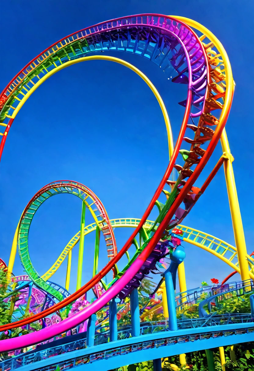 Rainbow roller coaster、A roller coaster running on rainbow-colored tracks,colorful,beautiful flower,wonderful景色,Utopia,An atmosphere full of dreams and hope,masterpiece.16K, Ultra-high resolution, Ultra-high resolution, to be born,wonderful ,future、Iridescent、The world 30 years from now。