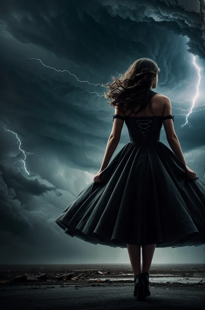 I would like an image of a girl dominating a tornado, That the girl is in the middle with a dress and behind a giant tornado, but she is not afraid of causing harm, that the image has a dark but romantic appearance