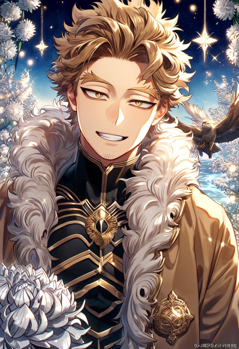 absurdres, highres, ultra detailed, HDR, master piece, best quality, extremely detailed, Hawks, ash-brown hair, expressive golden brown eyes, faint stubble, Boku No Hero Academia, solo, sexy man, handsome, smile, brown coat with fur, black tight shirt, black gloves, fantasy, water, sparkling, silver glittering fireflies, silver moon, silver blossoms, silver chrysanthemums, silver sparkling lights, starry sky, magical