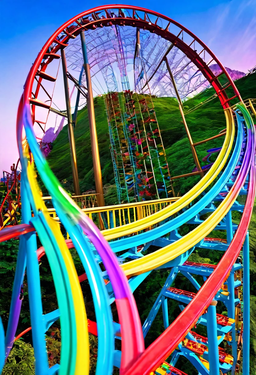 Rainbow roller coaster、A roller coaster running on rainbow-colored tracks，colorful，beautiful flower，wonderful景色，Utopia，An atmosphere full of dreams and hope，masterpiece．16K, Ultra-high resolution, Ultra-high resolution, to be born,wonderful ,future、Iridescent、The world 30 years from now。