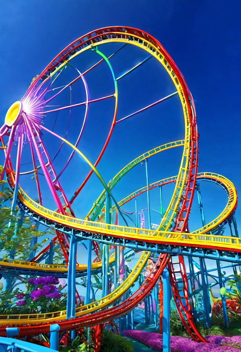 Rainbow roller coaster、A roller coaster running on rainbow-colored tracks,colorful,beautiful flower,wonderful景色,Utopia,An atmosphere full of dreams and hope,masterpiece.16K, Ultra-high resolution, Ultra-high resolution, to be born,wonderful ,future、Iridescent、The world 30 years from now。