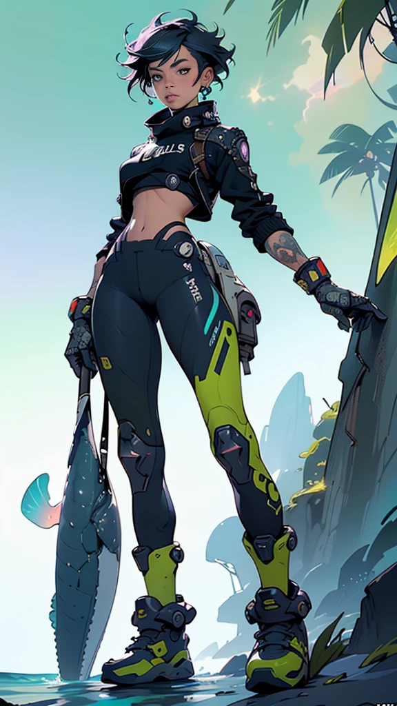 (best quality,highres),robot girl at the beach, large metal hips, wearing a hood with a cape, perched on a rock, near a palm tree, exposed mechanical thighs, butt, cool robotic mask, cyclops, shiny metallic surface, vibrant colors, warm sunlight, sparkling ocean waves, sandy beach, tropical atmosphere, strong and confident pose, futuristic technology, realistic details, intricate designs, beautiful reflection, serene environment