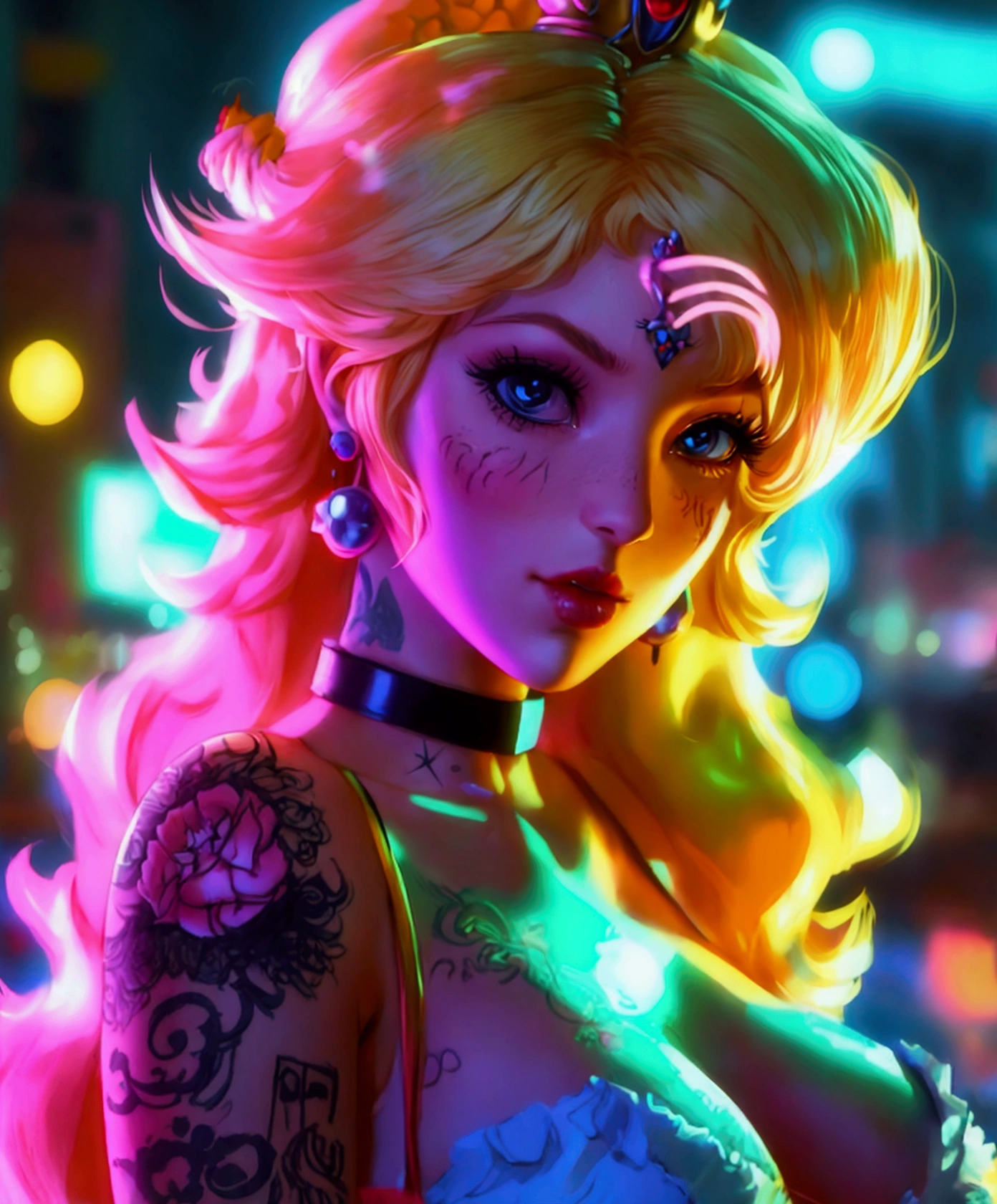 Imagine Princess Peach as a reveled woman with tattoos from a crime neighborhood in a city and a cyber-punk era