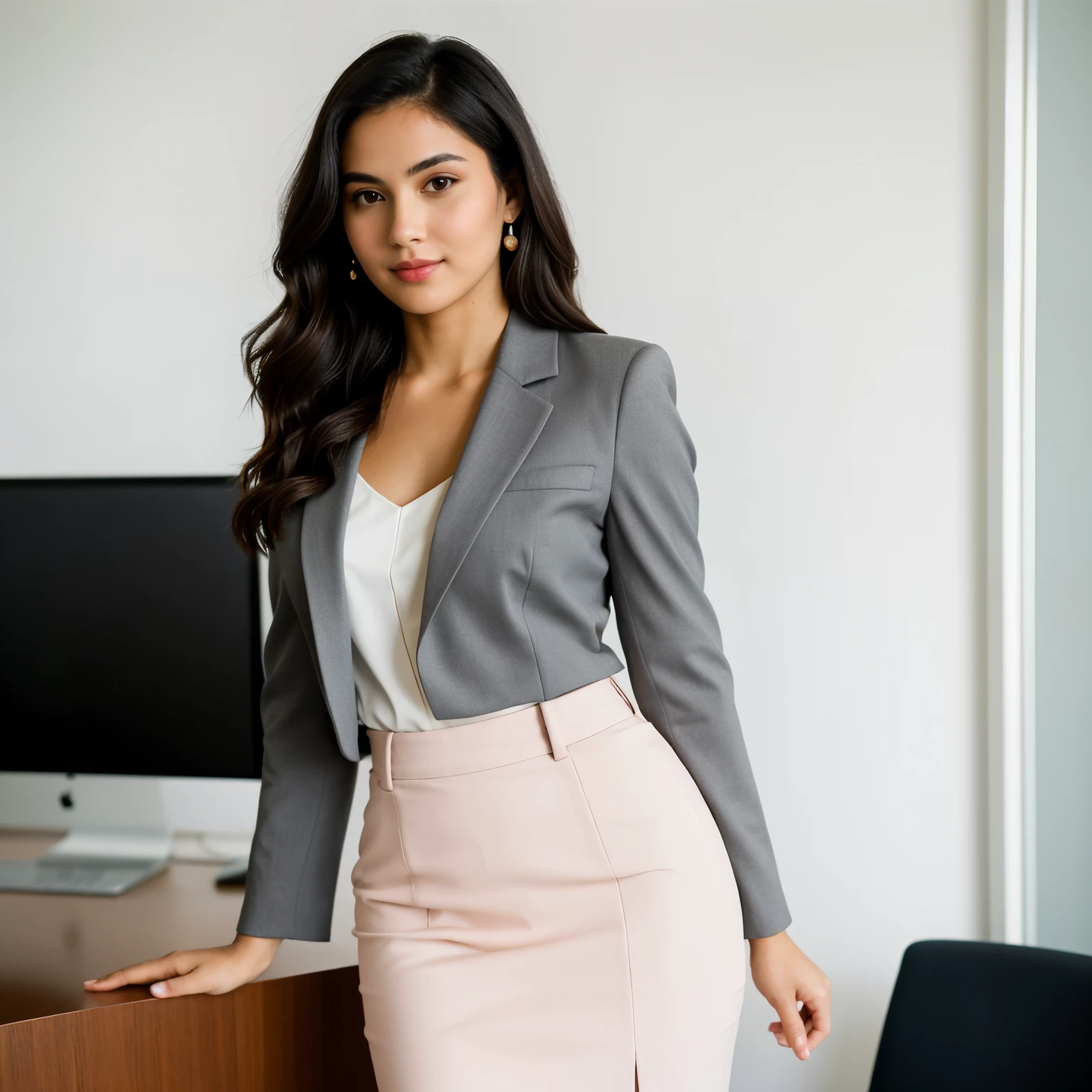 ((best quality)), ((masterpiece)), (detailed) a poised young latin woman with wavy dark hair, flawed skin and a slender body type in a charcoal grey blazer over a crisp white blouse, paired with a sleek blush pink pencil skirt and elegant pumps, exuding confidence and professionalism as she stands in a modern office setting, five fingers, perfect face, perfect hands, shot with Sony Alpha A6500 1.4f, bokeh, highly detailed, masterpiece,