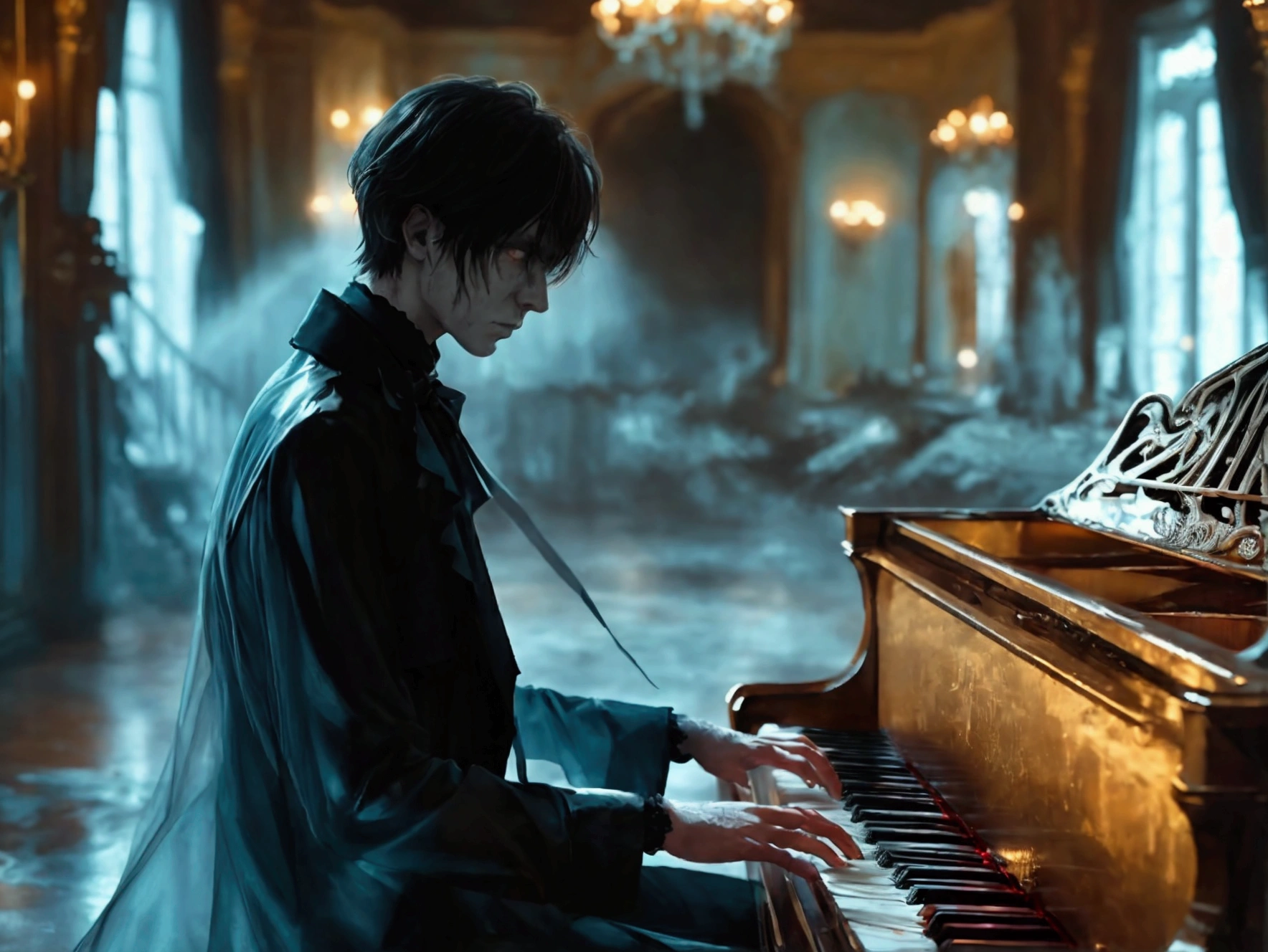 Create an image of a ghostly man with a dark, somber expression, surrounded by a translucent glow. He is playing a grand piano in the dark ballroom of a hotel. The ballroom is dimly lit, with flickering lights casting eerie shadows on the walls. The man appears ethereal, with a spectral, haunting presence. The background includes ornate, decaying decorations and an old, worn floor, enhancing the creepy, unsettling atmosphere reminiscent of a classic horror movie