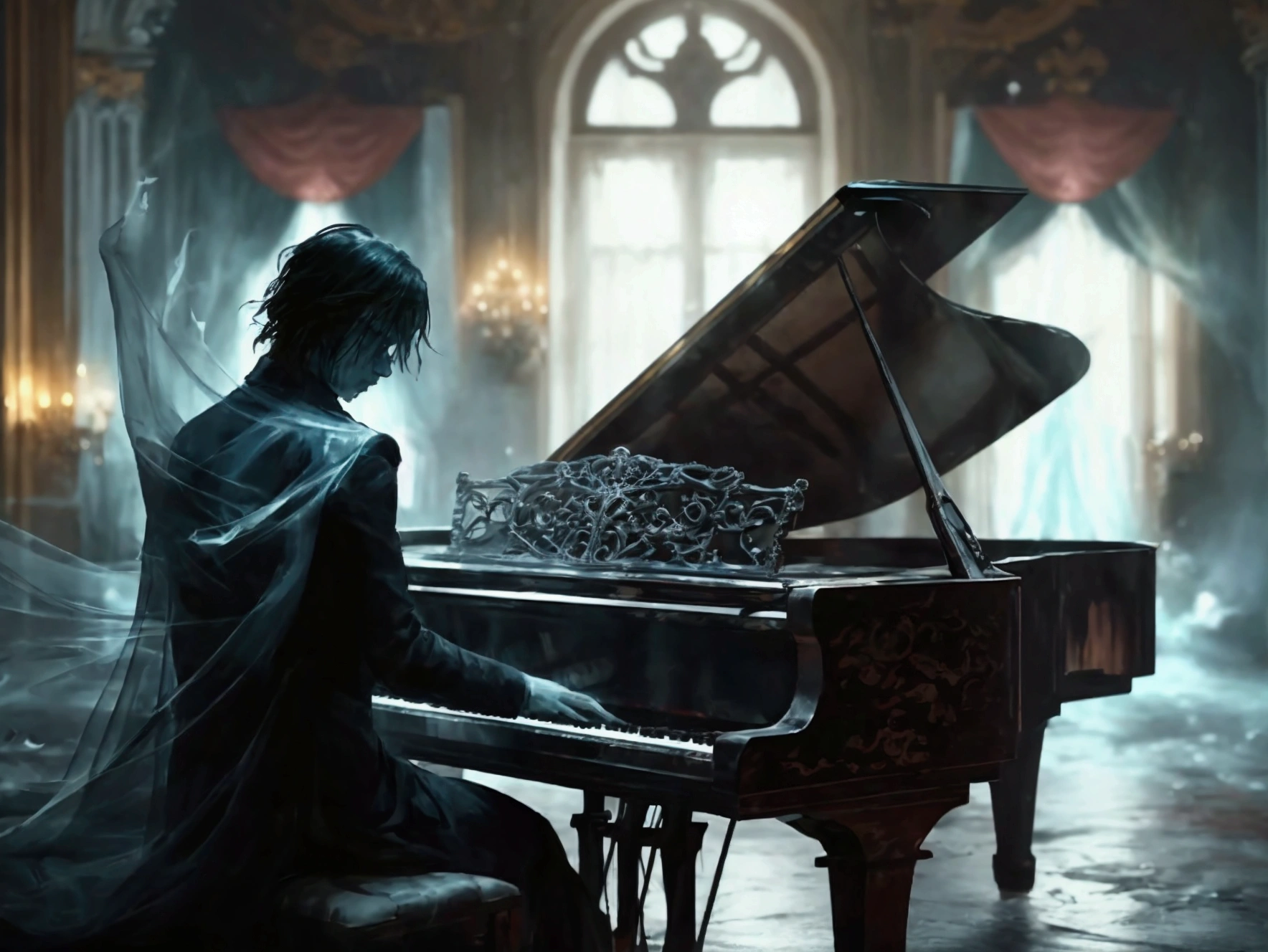 Create an image of a ghostly man with a dark, somber expression, surrounded by a translucent glow. He is playing a grand piano in the dark ballroom of a hotel. The ballroom is dimly lit, with flickering lights casting eerie shadows on the walls. The man appears ethereal, with a spectral, haunting presence. The background includes ornate, decaying decorations and an old, worn floor, enhancing the creepy, unsettling atmosphere reminiscent of a classic horror movie