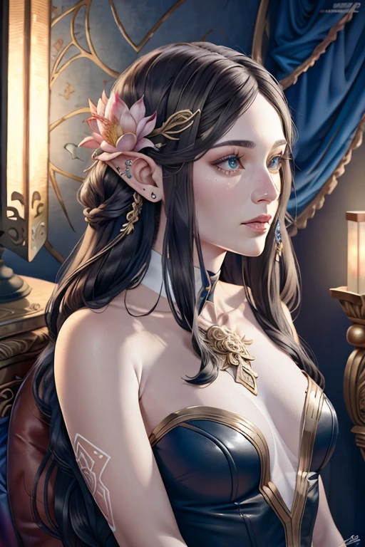 elegant ethereal female shenling, tall and slender with glowing clear skin, large expressive eyes in vibrant jewel-toned colors reflecting ancient wisdom, long silky hair in deep black to golden brown shades adorned with natural elements like flowers and leaves, lightweight and translucent lotus-petal-like clothing in colorful traditional patterns, pointed elven-like ears, 1girl, detailed face, extremely detailed eyes and face, long eyelashes, digital art, concept art, cinematic lighting, vibrant colors, fantasy, mystical, magical realism, photorealistic, (best quality,8k,highres,masterpiece:1.2),ultra-detailed,(realistic:1.37)