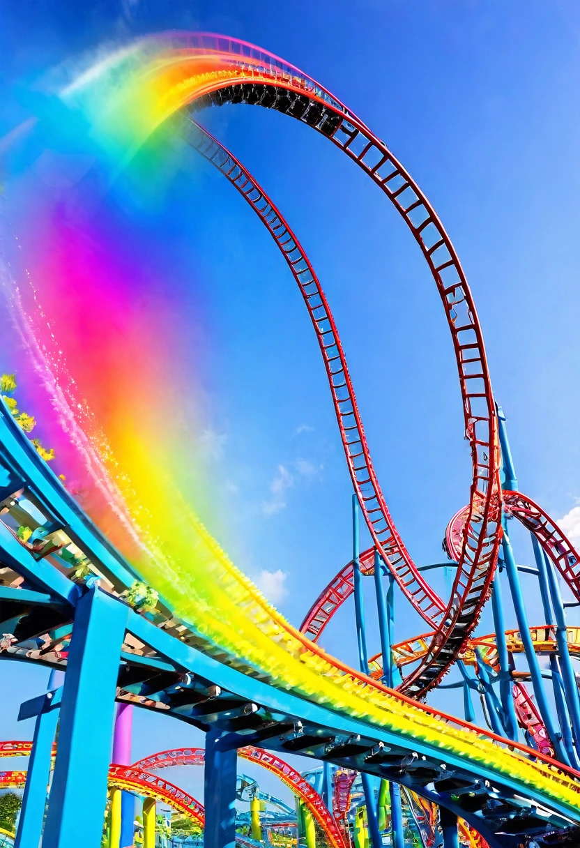 Rainbow roller coaster、A roller coaster running on rainbow-colored tracks，colorful，beautiful flower，wonderful景色，Utopia，An atmosphere full of dreams and hope，masterpiece．16K, Ultra-high resolution, Ultra-high resolution, to be born,wonderful ,future、Iridescent、The world 30 years from now。