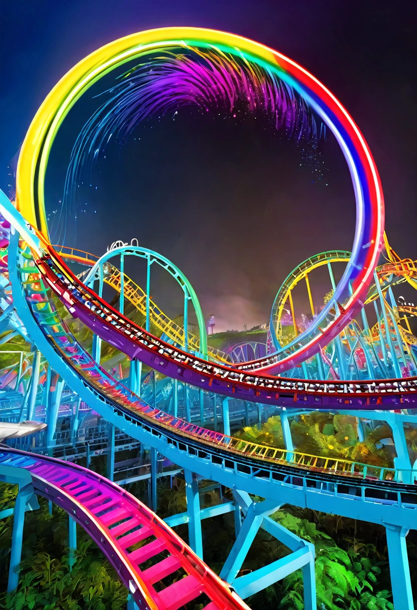 Rainbow roller coaster、A roller coaster running on rainbow-colored tracks，colorful，beautiful flower，wonderful景色，Utopia，An atmosphere full of dreams and hope，masterpiece．16K, Ultra-high resolution, Ultra-high resolution, to be born,wonderful ,future、Iridescent、The world 30 years from now。