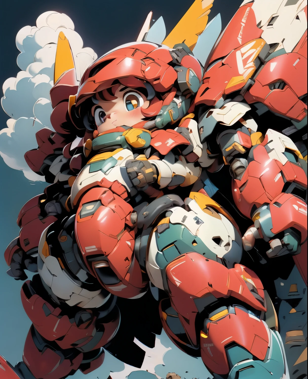 (((1 chibi girl in large red-colored robot costume, from below))), (holding weapons), (chibi), (bulky:1.8), (((helmet:1.5))), (((looking down:1.4))), large cute face, mechanical parts, ((mechanical wings)), (full armor:1.8), (mecha armor:1.8), (shoulder guards:1.2),(huger arms), ((mechanical arms:1.5)), (short legs), (huger body:1.8), (heavy equipment:1.6), (from below), (headgear), blue sky, white clouds, robot joints, becoming a mecha, mecha, (RARS), (HRS), ROBOTANIMESTYLE, BJ_Cute_Mech,cute, girl BREAK ((masterpiece)), vibrant colors, 8k, best quality, ultra detailed illustration, ((best quality)), ((high resolution)), flawless skin textures, shiny oiled skin, extremely detailed anime eyes , extreme light and shadow