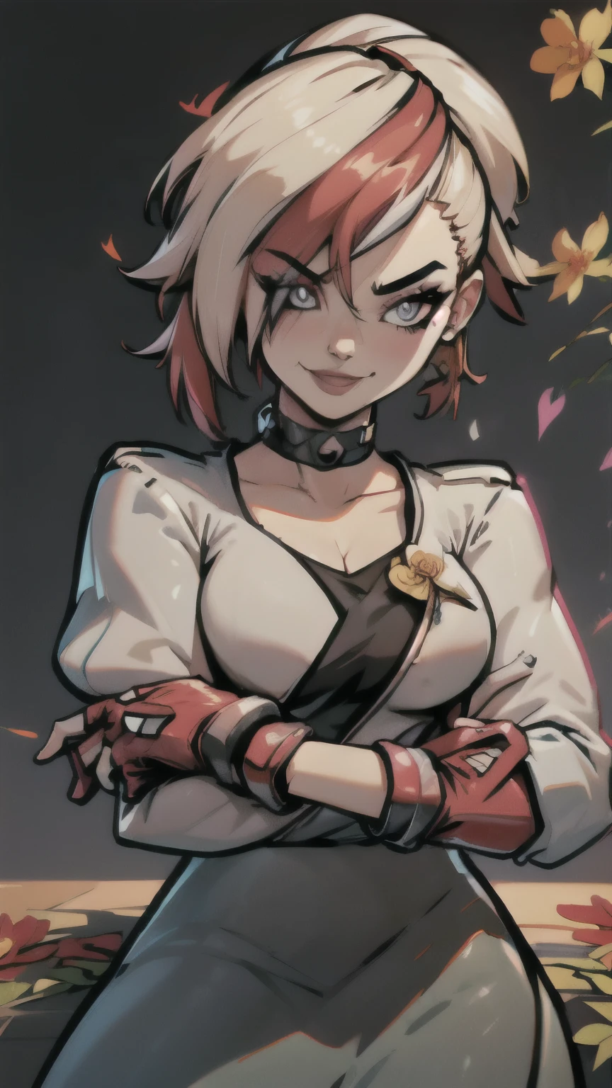 (best quality:1.2),solo,1girl,mdrin,smile,looking at viewer,crossed arms,ponytail,v-shaped eyebrows,white jacket,red shirt,fingerless gloves,black skirt,choker,illustration,floral garden background,warm color tones,soft lighting, Hair over one eye