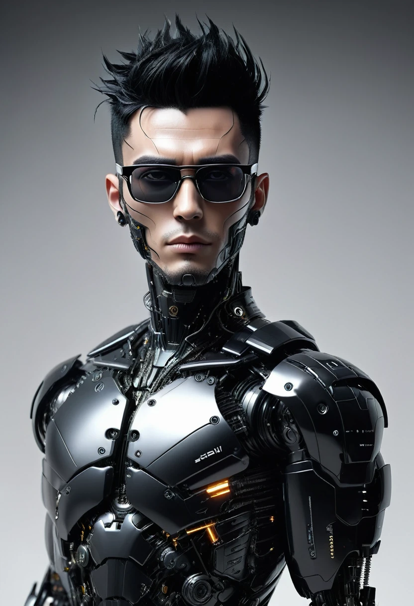 Male robot body hair with black-rimmed glasses with undercut hair, Look to the camera ::futuristic cyberpunk style ,realistic styling ::n_digital painting style, robotic parts, face perfect::seed 1、Black Edged Hair、large nose、Black-based clothing, photo by full body, White background