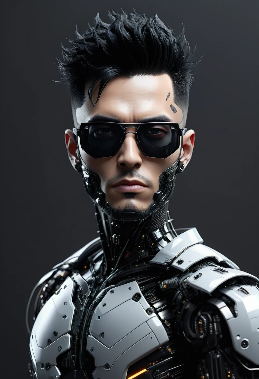 Male robot body hair with black-rimmed glasses with undercut hair, Look to the camera ::futuristic cyberpunk style ,realistic styling ::n_digital painting style, robotic parts, face perfect::seed 1、Black Edged Hair、large nose、Black-based clothing, photo by full body, White background