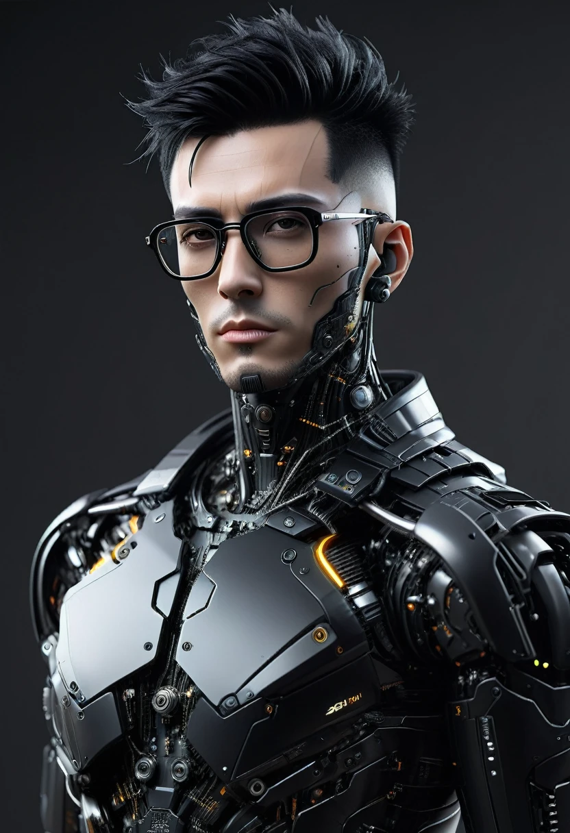 Male robot body hair with black-rimmed glasses with undercut hair, Look to the camera ::futuristic cyberpunk style ,realistic styling ::n_digital painting style, robotic parts, face perfect::seed 1、Black Edged Hair、large nose、Black-based clothing, photo by full body, White background