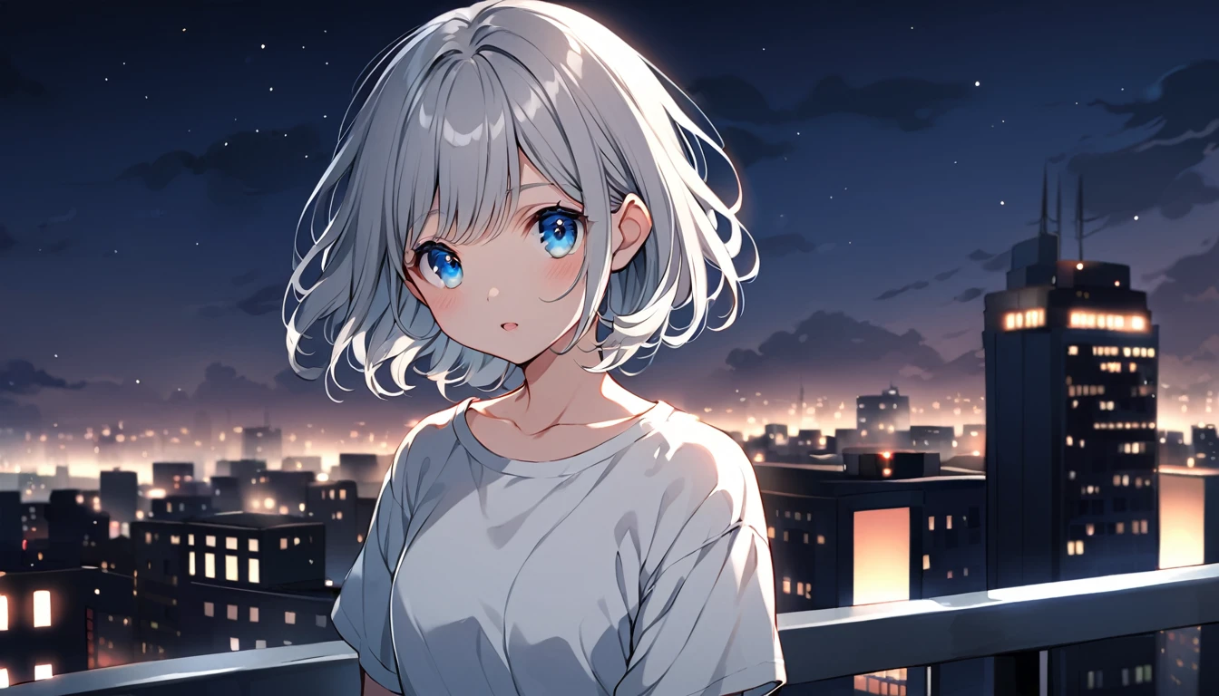 ghibli style, Hayao Miyazaki, blue eyes, gray hair, New York night view in the background, looking the viewer, shirt, Short hair, sweet girl