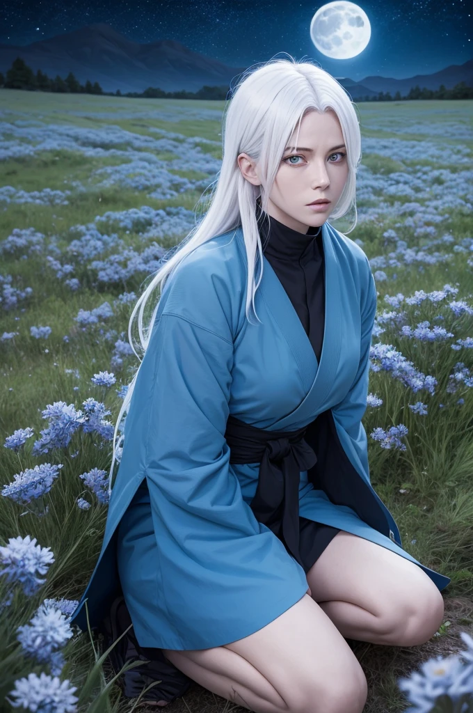 jujutsu kaisen comic panel one with straight white hair, light blue eyes wearing jujutsu , in a field of blue flowers at night full of stars and full moon, she is sitting
