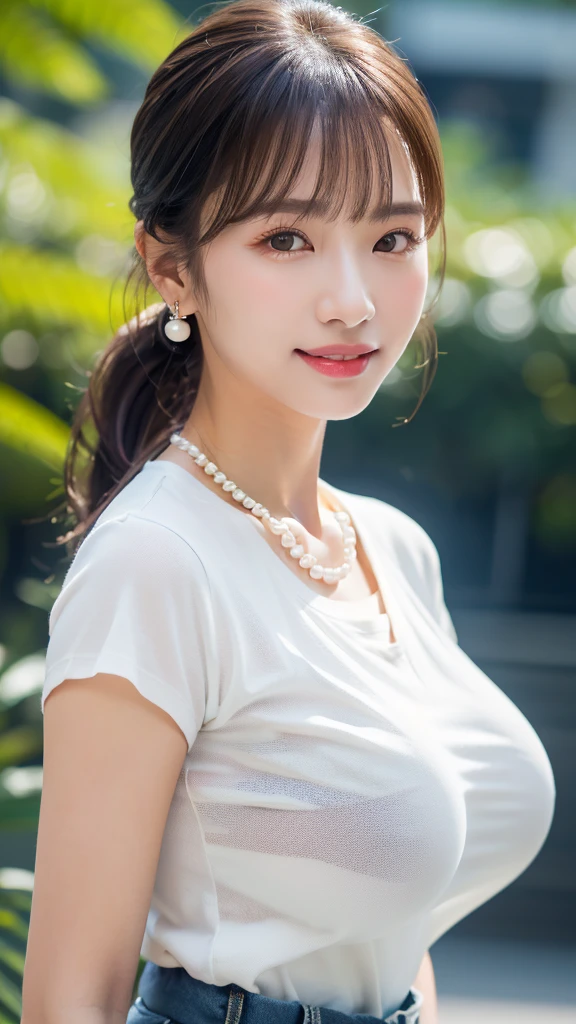 1 girl, national foundation, ((8k, raw, masterpiece: 1.5)), (Professional photography, sharp:1.2), Perfect dynamic composition, (Natural sun light), (soft shadow), (Perfect body:1.4), (((skinny figure))), ((huge round breasts: 1.3)), (((((medium ponytail hair,bangs))))), Ultra-detailed faces and skin, perfect asian, White skin, (Delicate skin:1.4), (latex skin:0.4), (perfect glowing skin:0.6), light brown eyes, beautiful eyes, round eyes, pretty face, blush, glossy lips, ((plump lips)), glossy eyes, Really moist skin, smile gently, looking at camera, Elegant pearl necklace, Elegant pearl earrings, minimalist, (white t-shirt) , (navy denim jacket), (navy blue jeans trouser),