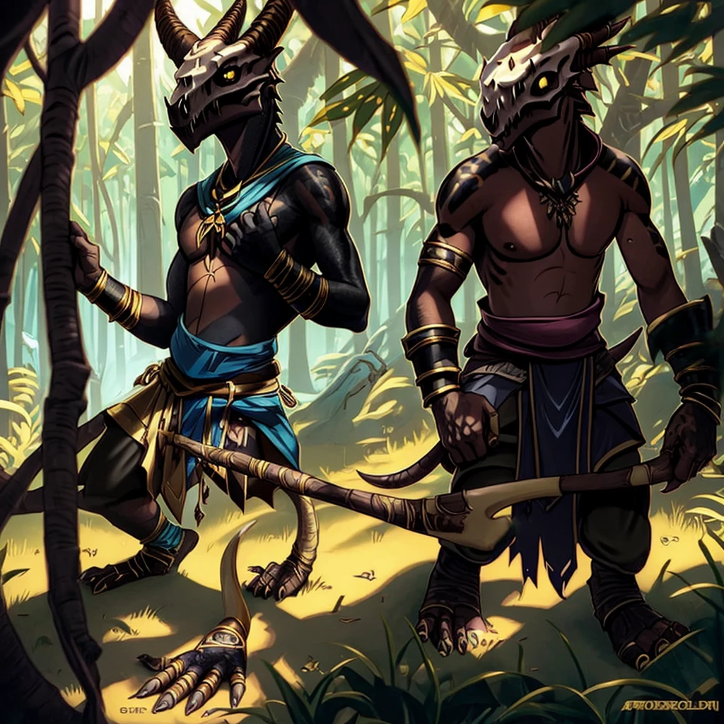 Kobold, scalie, solo, black skin, anthro, male, kobold male, men, flat chested, flat breasts, horns, tribal tattoos, womb tattoo, tail, kobold tail, Penetrating gaze, Magic staff with animal skull, cuff gold, neck cuff very thick, in a jungle mangrove, slime loincloth, Warlock Kobold, Crotch bulge,