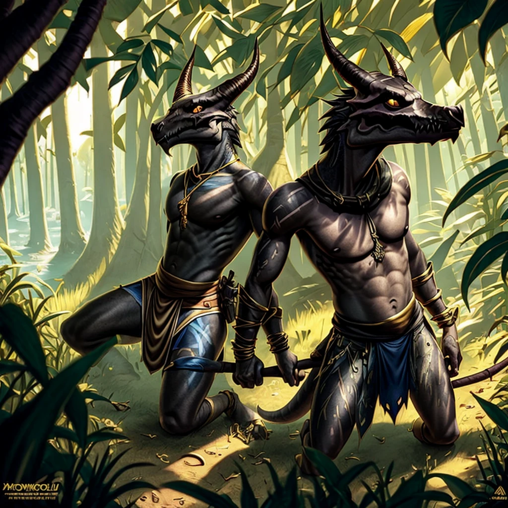 Kobold, scalie, solo, black skin, anthro, male, kobold male, men, flat chested, flat breasts, horns, tribal tattoos, womb tattoo, tail, kobold tail, Penetrating gaze, Magic staff with animal skull, cuff gold, neck cuff very thick, in a jungle mangrove, slime loincloth, Warlock Kobold, Crotch bulge,