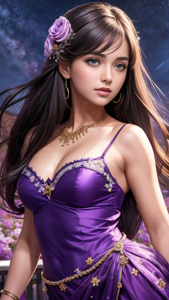 masterpiece, best quality, ultra-detailed, illustration, , , 1girl,solo, image body, flower, looking at viewer, , , purple eyes, jewel-like eyes, extremely detailed eyes, extremely detailed face,, , star (sky), constellation, purple energy, railing, meteor