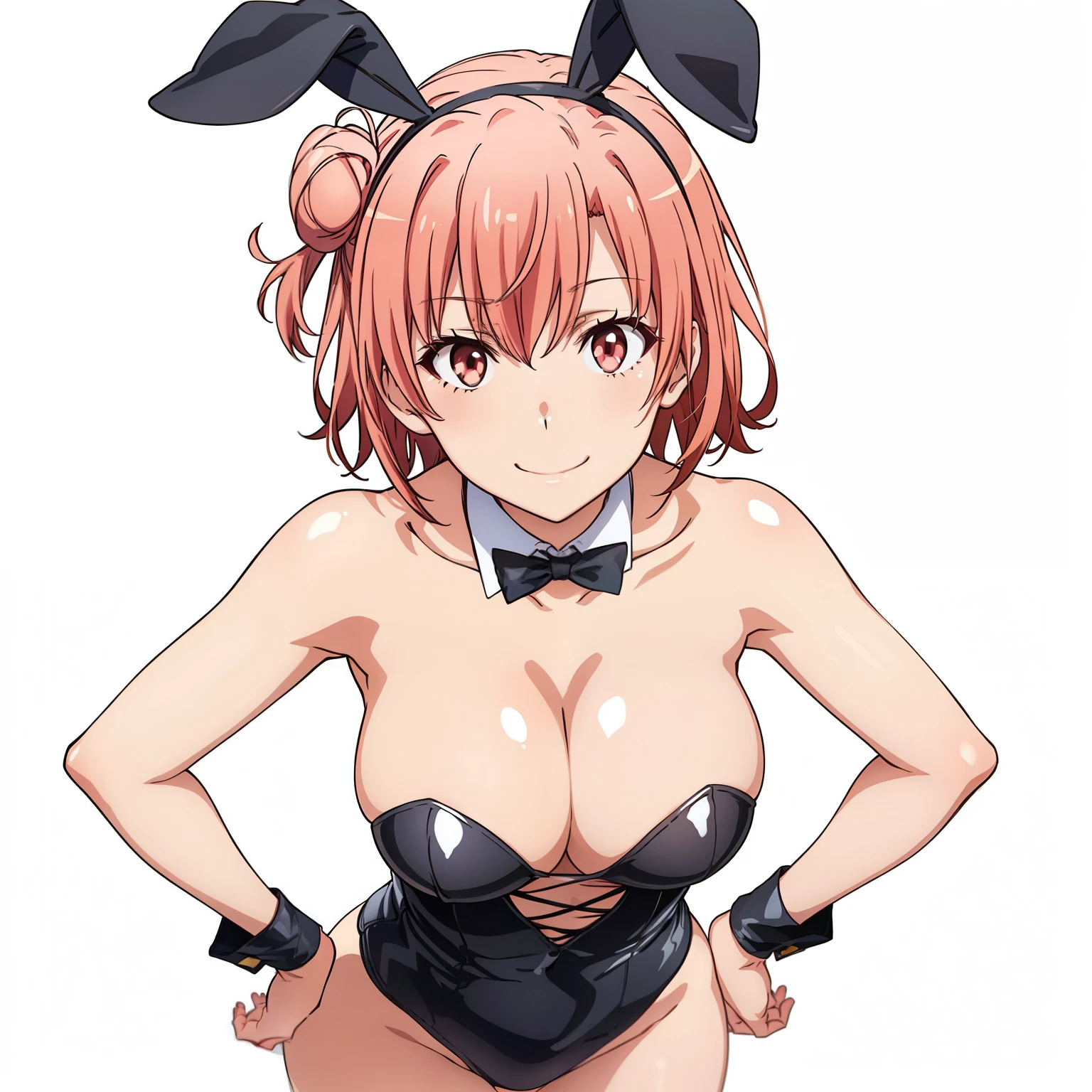 ((masutepiece, Best Quality, hight resolution, nffsw, Perfect Pixel, depth of fields, 4K, )), 1girl in, Solo, , Beautiful anime girl, Beautiful Art Style, close up, Looking up at Viewer, shot from above, Perfect body, Yuigahama Yui, Short hair, pink hair, hairbun, (large boob), sideboob, black playboy bunny outfit, smile, hands on hips, blank white background