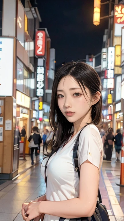 One girl, Tokyo Street,night, Cityscape,City lights, Upper Body,close, 8K, RAW Photos, Highest quality, masterpiece,Realistic, photo-Realistic,