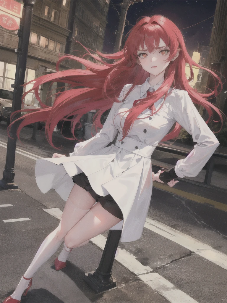 A handsome girl with a princess cut, bright red hair, a white shirt, and a proud chest covered tightly. Leg rings, black stockings, and high heels are all in the picture. Standing on the brightly lit street, pedestrians come and go, and some angry expressions on their hands. Night, night background, night
