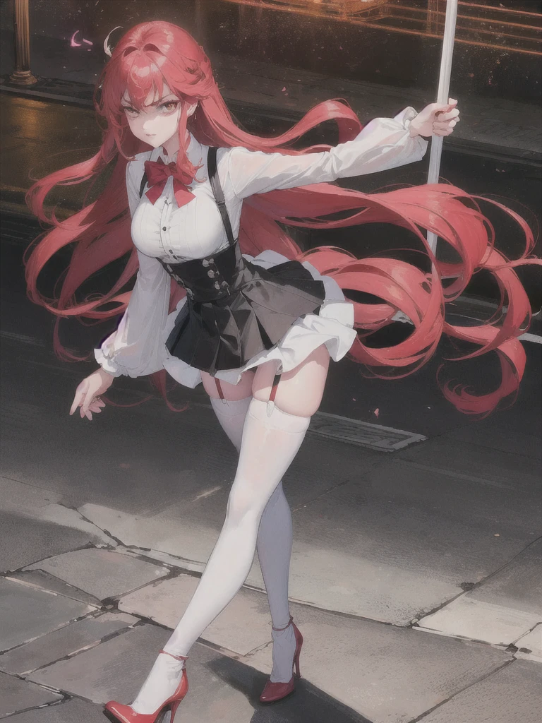 A handsome girl with a princess cut, bright red hair, a white shirt, and a proud chest covered tightly. Leg rings, black stockings, and high heels are all in the picture. Standing on the brightly lit street, pedestrians come and go, and some angry expressions on their hands. Night, night background, night