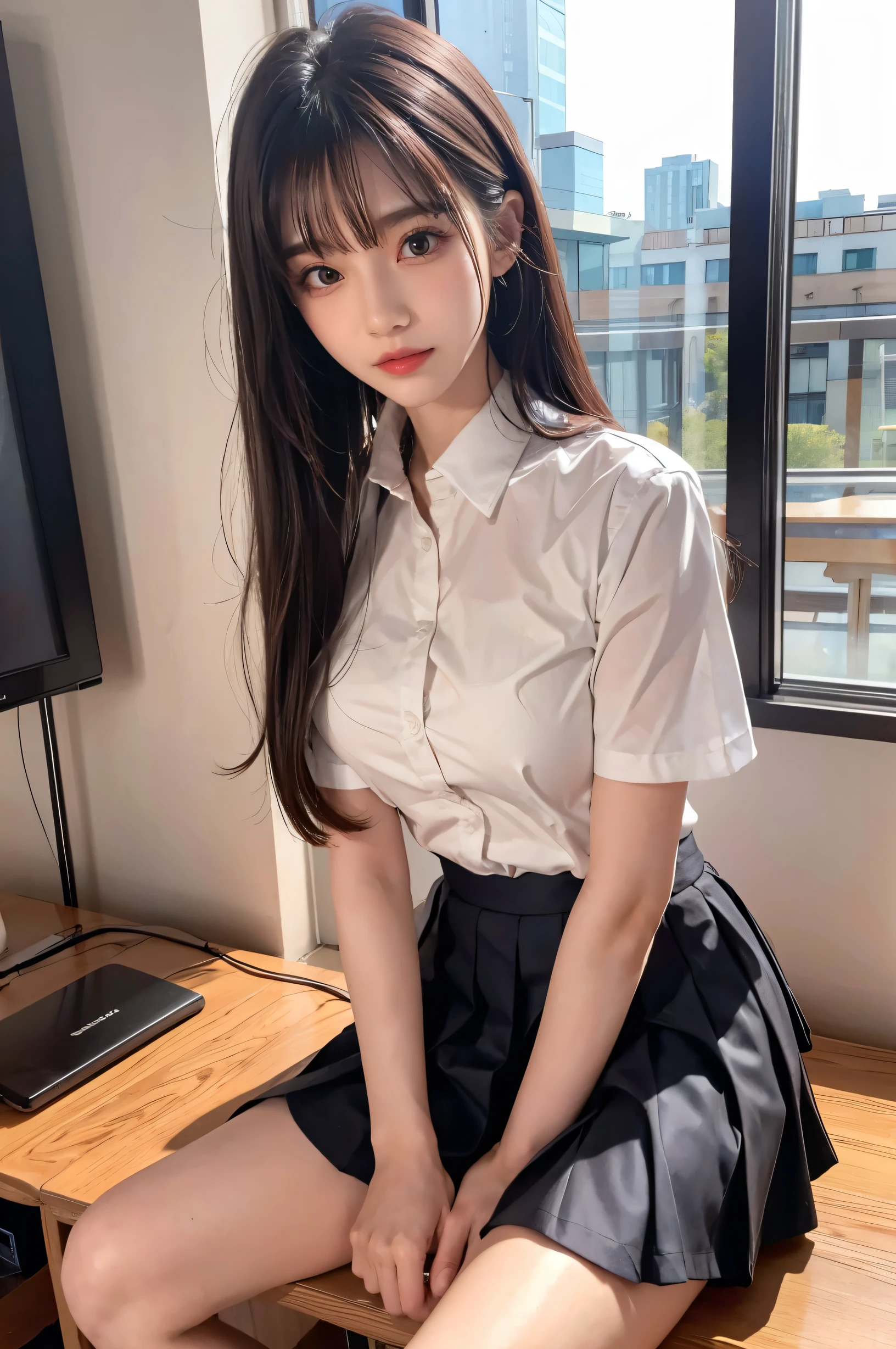 (ultra HD), (School uniform with short sleeves, White collared shirt, Black Skirt), Full body description, Big Breasts, Cleavage, slender, Clean and shiny skin, Whitening, Super slender face, (long hair, Layered Cut, Fluffy hair,light brown), (Big eyes, Slanted Eyes), Small Nose, Thin lips, Thin legs, classroom