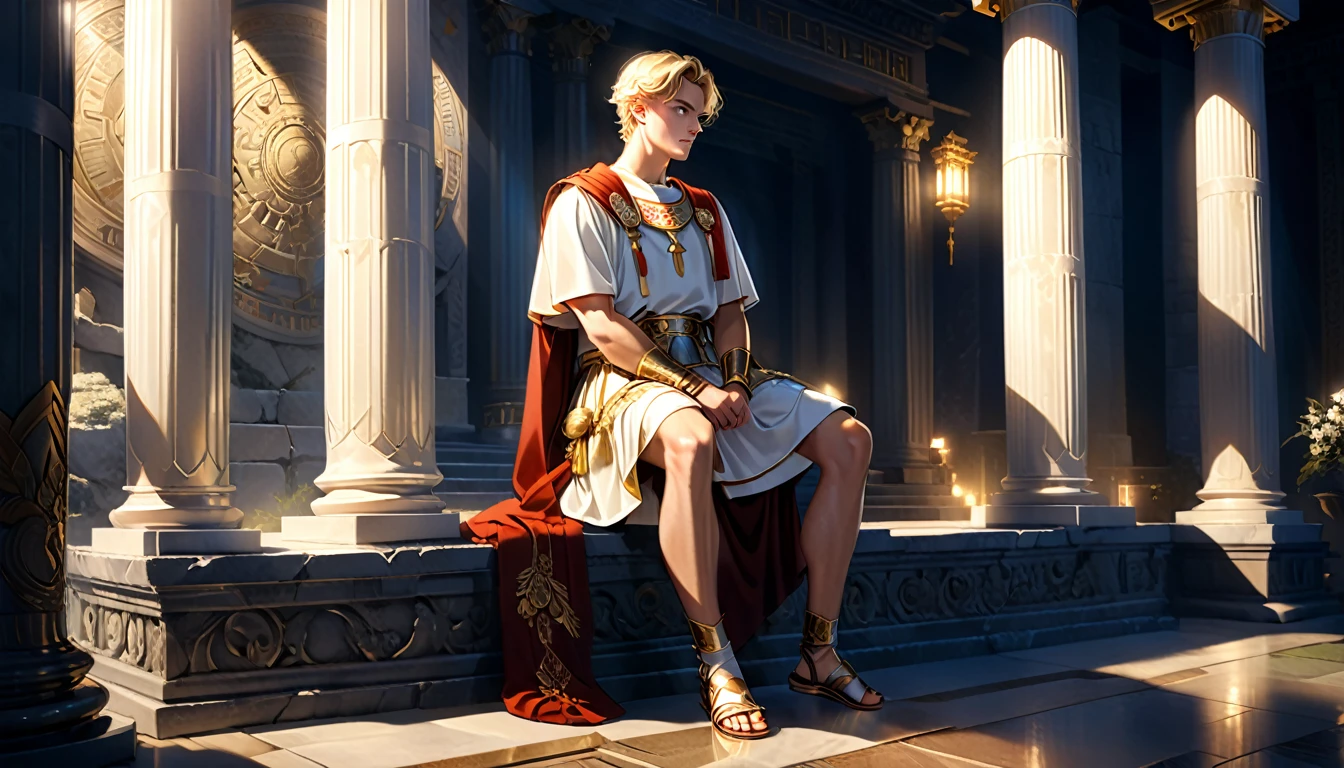 Handsome young blond man, around 20 years old, Roman soldier, liturgical uniform, he is wearing Roman sandals and calf and knee pads, full-body image, ancient Greek temple, He was (standing:1.2), (leaning against a pillar:1.3), thinking deeply, looking down a little, arms folded, weight on one leg, the other slightly bent, late night inside the temple (dark: 1.5) (unlit: 1.4), moonlight shining in at an angle and illuminating him clearly. Highly detailed, photorealistic, realistic lighting, intricate architecture, ornate decor, cool color palette, gold accents, soft fabric textures, seductive facial expression, graceful pose, cinematic composition, natural lighting, realistic shadows, mysterious atmosphere, hyperrealistic, award-winning art