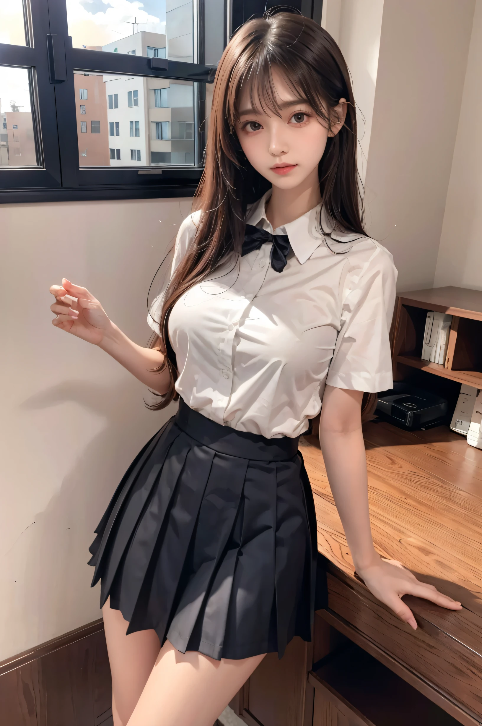 (ultra HD), (School uniform with short sleeves, White collared shirt, Black Skirt), Full body description, Big Breasts, Cleavage, slender, Clean and shiny skin, Whitening, Super slender face, (long hair, Layered Cut, Fluffy hair,light brown), (Big eyes, Slanted Eyes), Small Nose, Thin lips, Thin legs, classroom