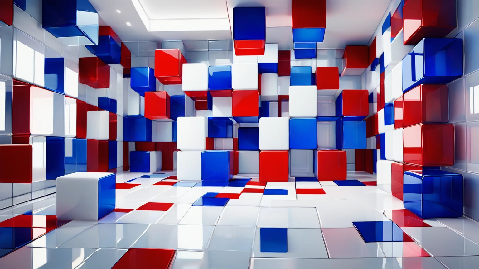 Glass-walled room with red,
white,
and blue colored cubes forming the walls,
floor,
and ceiling,
featuring floor reflections,
isometric perspective,
3d art,
high detail with ray tracing,
sharp focus,
ethereal lighting effects,
ultra HD resolution,
realistic textures,
vivid colors,
highly detailed surfaces,
UHD pen and ink style,
composed using the principles of perfect composition,
insanely detailed octane rendering,
rendered in C4D and OLEND