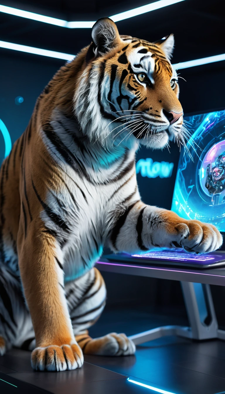 A cheerful tiger with a friendly smile, engaging with advanced AI technology. The tiger is seated at a futuristic workstation, using its paws to interact with holographic AI interfaces. The background features a high-tech lab with glowing screens and floating data visuals. The tiger's eyes sparkle with intelligence and curiosity, creating a warm and inviting atmosphere that highlights the harmony between nature and technology