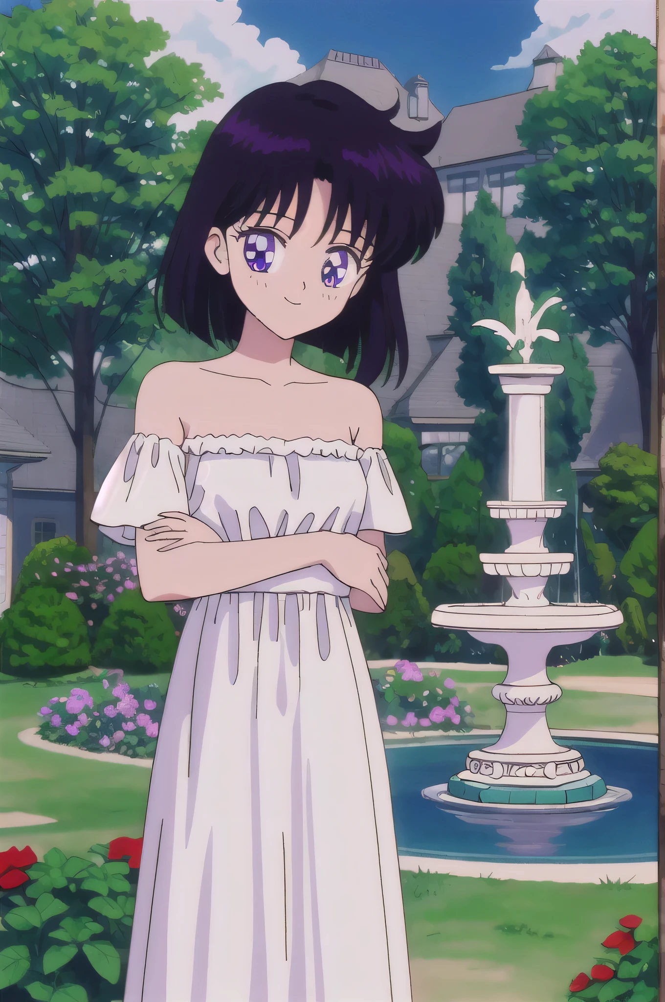 Hotaru Tomoe, 1 girl, solo, Best quality, masterpiece, High Definition, Teenager, Purple Eyes, Beautiful Detail Eyes, Black Bob Hair, Good hands at sides, Seductive Smile, Blushing, Bare Neck, Bare Shoulders, strapless white ruffle off the shoulder maxi dress. Standing up. Cowboy shot. A landscape of blue skies, a mountain, a mansion, an garden maze, a water fountain, close up portrait