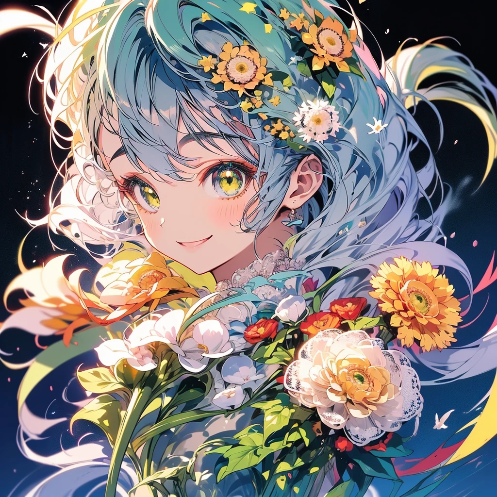 masterpiece、smile、Anime Girls, Gray Hair、 Green Eyes、可愛いAnime Girls、smile、((Yellow dandelion))、Fractal Art、Gwaiz、garden、Flower garden