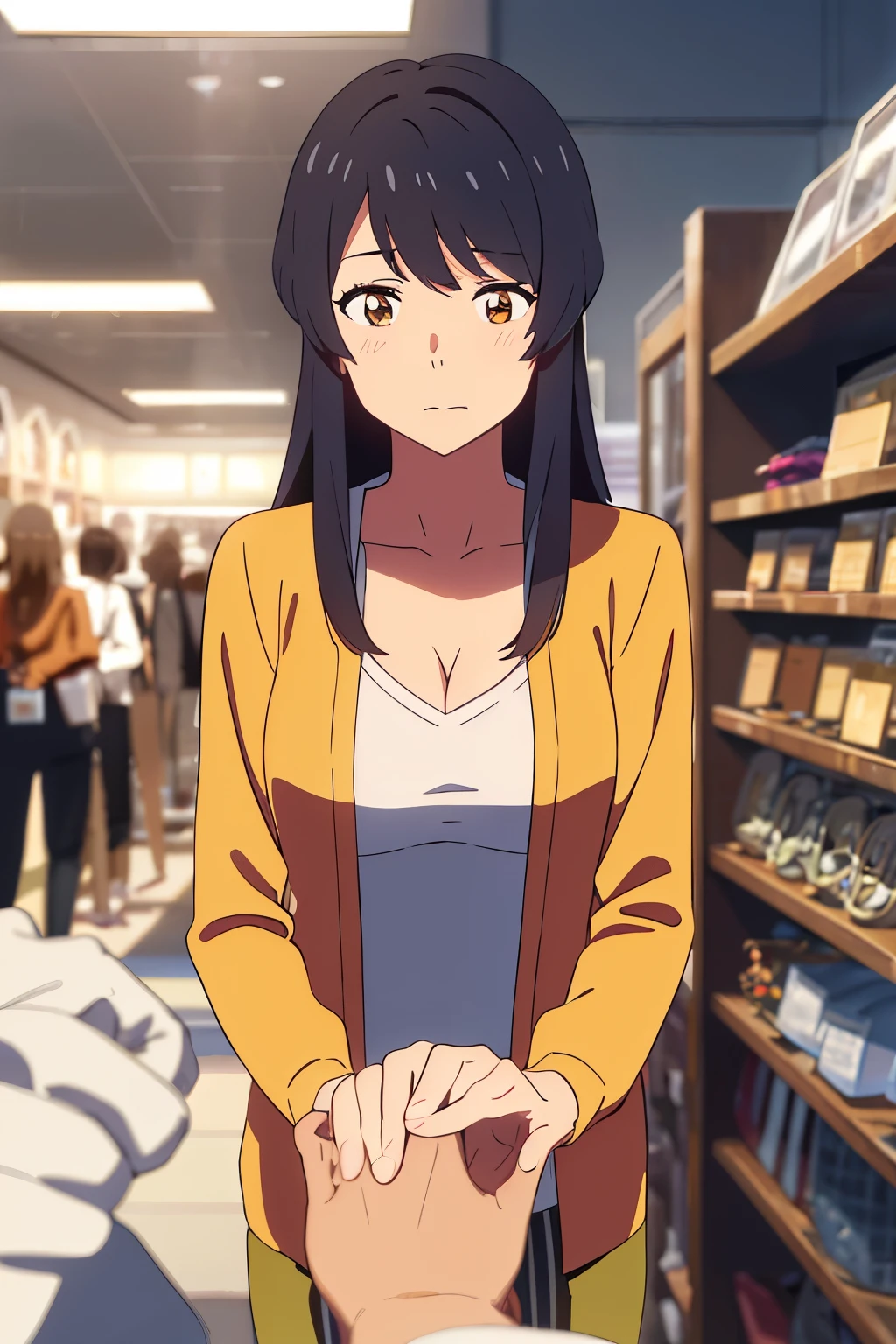 shinkai makoto, kimi no na wa., 1man, buzzut, mustache, wrinkle face,  bangs swipe to te Right, office suit, man touching girl chest,chestgrope from behind, kiss cheeks, passionate hug, man is hugging from behind, 1girl, bangs, black hair, brown eyes, Twisted Half Up, red ribbon, long hair, long sleeve light yellow cardigan, open shirt, yellow shirt, cleavage, breast, medium breast, Orange shirt, name tag written "LUMINE Miyamizu", looking at the viewer, indoors, jewelry products, jewelry shop, jewelry saleswoman, indoors, mall, masterpiece, perfect anatomy, cowboyshot, POV (POV boy's hands unbuttoning girl's shirt POV)