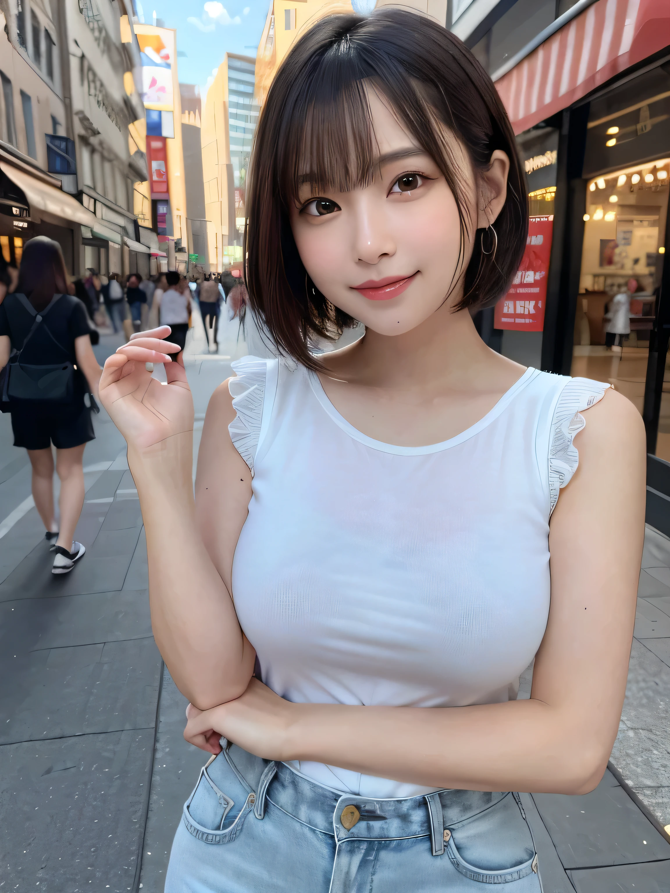 Very detailed CG Unity 8K 壁紙, Highest quality, Very detailed, masterpiece, Realistic, Realistic, Very detailed Japanese cute girls, (32 years), blush, Round eyes, Thick eyebrow chest,   High resolution raw color photos, Professional photos, Portrait of sexy girl、Anatomically correct body shape、Healthy body shape、Brown short hair、smile、Write your hair、Front view、Show your side、Avoid the same pose、The whole body is shown、Female announcer、Mature Woman、Pictured alone、Has bangs、Neat clothes、City、bustling street