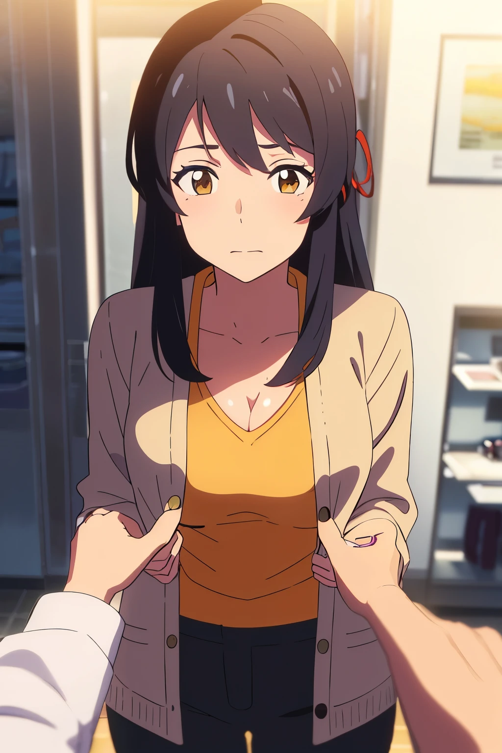 shinkai makoto, kimi no na wa., 1man, buzzut, mustache, wrinkle face,  bangs swipe to te Right, office suit, man touching girl chest,chestgrope from behind, kiss cheeks, passionate hug, man is hugging from behind, 1girl, bangs, black hair, brown eyes, Twisted Half Up, red ribbon, long hair, long sleeve light yellow cardigan, open shirt, yellow shirt, cleavage, breast, medium breast, Orange shirt, name tag written "LUMINE Miyamizu", looking at the viewer, indoors, jewelry products, jewelry shop, jewelry saleswoman, indoors, mall, masterpiece, perfect anatomy, cowboyshot, POV (POV boy's hands unbuttoning girl's shirt POV)