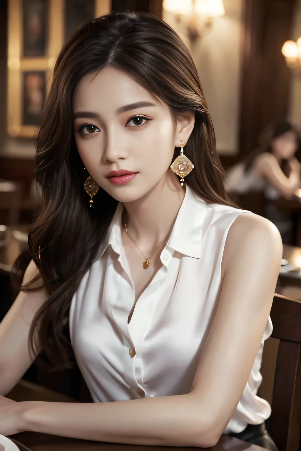 masterpiece, Highest quality, Realistic, Very detailed, Finer details, High resolution, 8k wallpaper, One beautiful woman, Wear an elegant silk shirt, In a great restaurant, At night, Light brown messy hair, Perfect dynamic composition, Beautiful and beautiful eyes、Big earrings、chest、Sleeveless shirt、