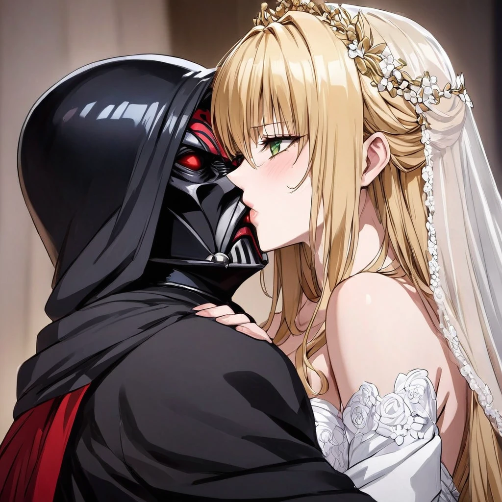 ((Highest quality)), ((masterpiece)), (detailed), (Perfect Face)、The woman is a tiare with green eyes, medium-long blonde hair, and is wearing a gorgeous wedding dress with gorgeous gold embroidery and trim, a wedding veil, and an engagement ring.、The woman embraces Emperor Palpatine, kisses him, and gets married to him.、The woman is close to the Emperor, and the dignified old Emperor Palpatine embraces the woman, shares a mechanical kiss, and gets married.、The man is Darth Sidious, Emperor Palpatine, Dark Lord of the Sith, a wrinkled, dignified, ugly old man wearing a black hooded robe.