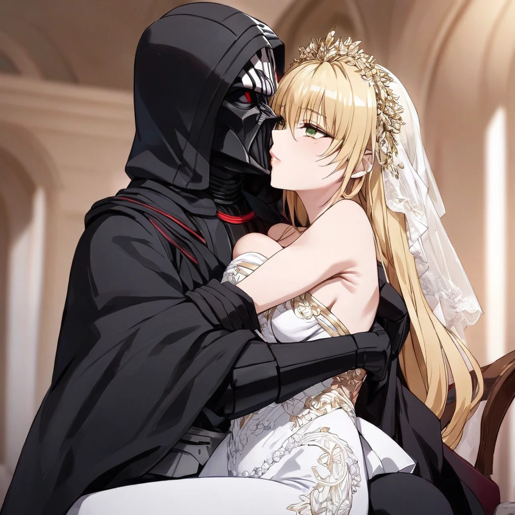 ((Highest quality)), ((masterpiece)), (detailed), (Perfect Face)、The woman is a tiare with green eyes, medium-long blonde hair, and is wearing a gorgeous wedding dress with gorgeous gold embroidery and trim, a wedding veil, and an engagement ring.、The woman embraces Emperor Palpatine, kisses him, and gets married to him.、The woman is close to the Emperor, and the dignified old Emperor Palpatine embraces the woman, shares a mechanical kiss, and gets married.、The man is Darth Sidious, Emperor Palpatine, Dark Lord of the Sith, a wrinkled, dignified, ugly old man wearing a black hooded robe.