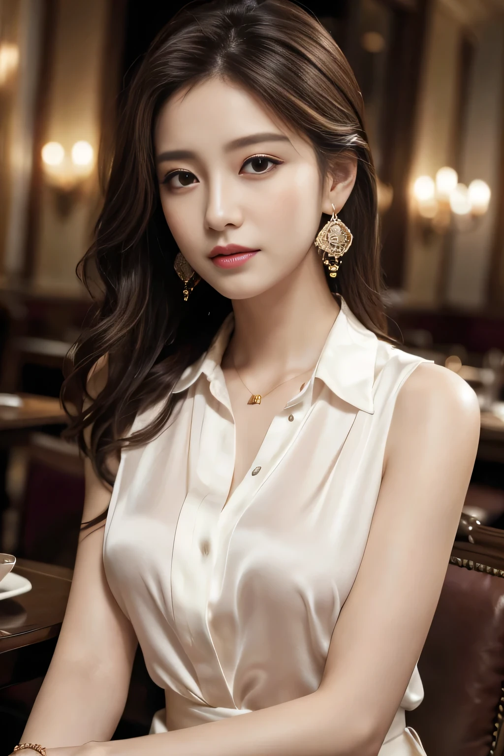 masterpiece, Highest quality, Realistic, Very detailed, Finer details, High resolution, 8k wallpaper, One beautiful woman, Wear an elegant silk shirt, In a great restaurant, At night, Light brown messy hair, Perfect dynamic composition, Beautiful and beautiful eyes、Big earrings、chest、Sleeveless shirt、