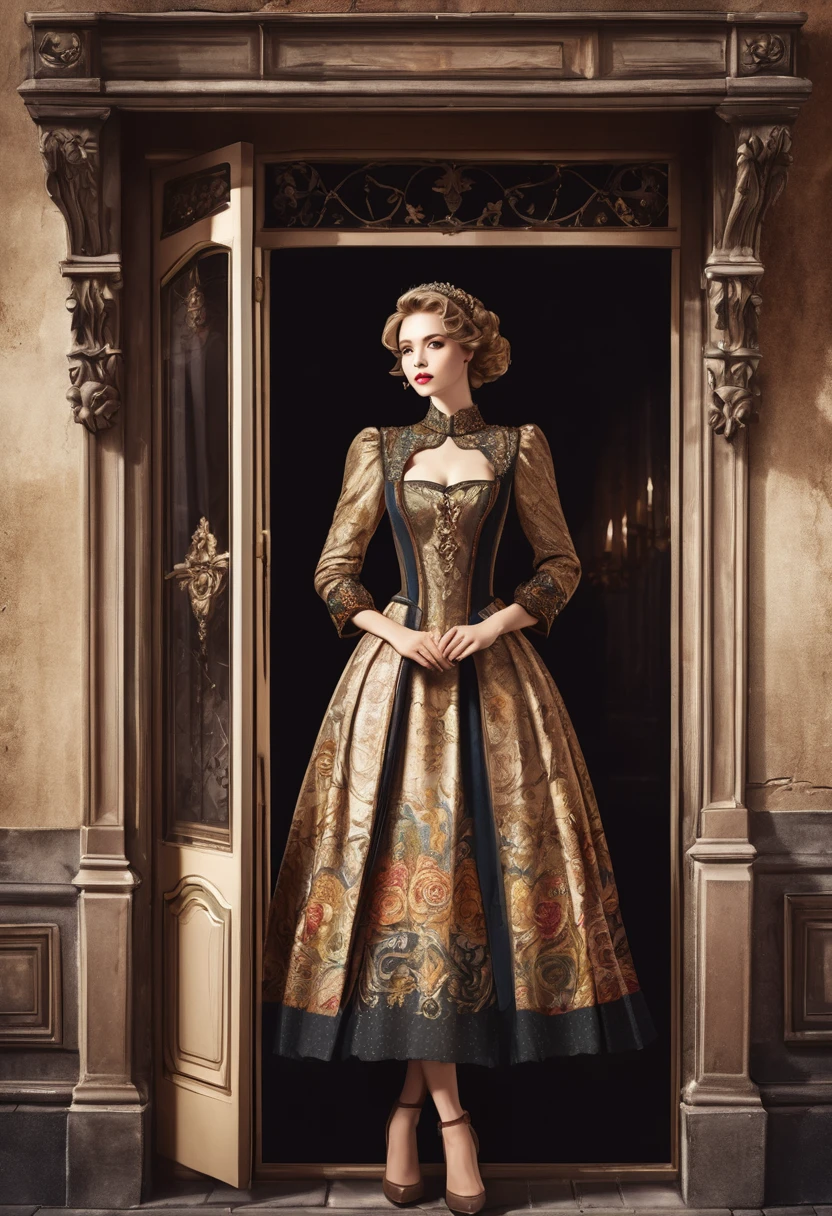 An illustration poster,Medieval retro style,Baroque Dress Shop Theme,palace、Window,Dark background,Retro shabby atmosphere,Warm tones,Front view
