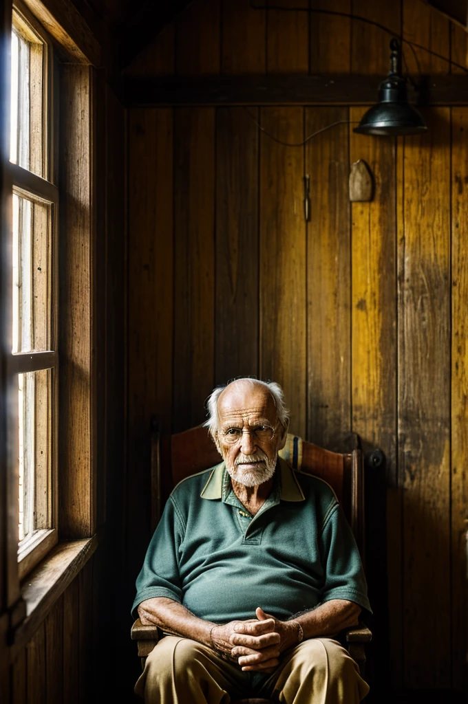 HDR photograph of an elderly man sitting in an old country house, listening to an old radio. The man is passionately cheering for a football club whose colors are yellow and black. The cottage shows signs of wear with wooden walls and a window letting in sunlight, partially lighting the room