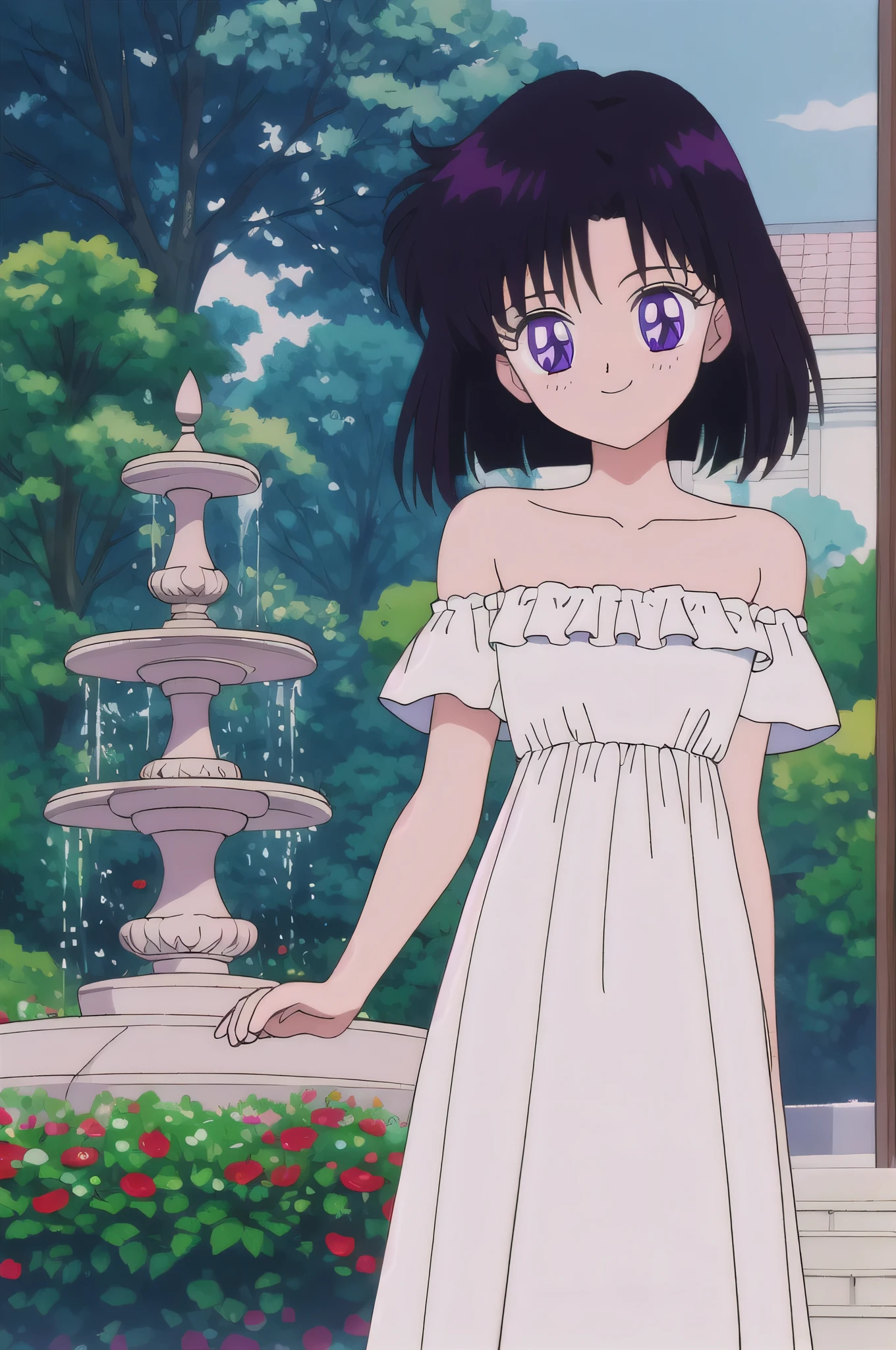 Hotaru Tomoe, 1 girl, solo, Best quality, masterpiece, High Definition, r, Purple Eyes, Beautiful Detail Eyes, Black Bob Hair, Good hands at sides, Seductive Smile, Blushing, Bare Neck, Bare Shoulders, strapless white ruffle off the shoulder maxi dress. Standing up. Cowboy shot. A landscape of blue skies, a mountain, a mansion, an garden maze, a water fountain, close up portrait 
