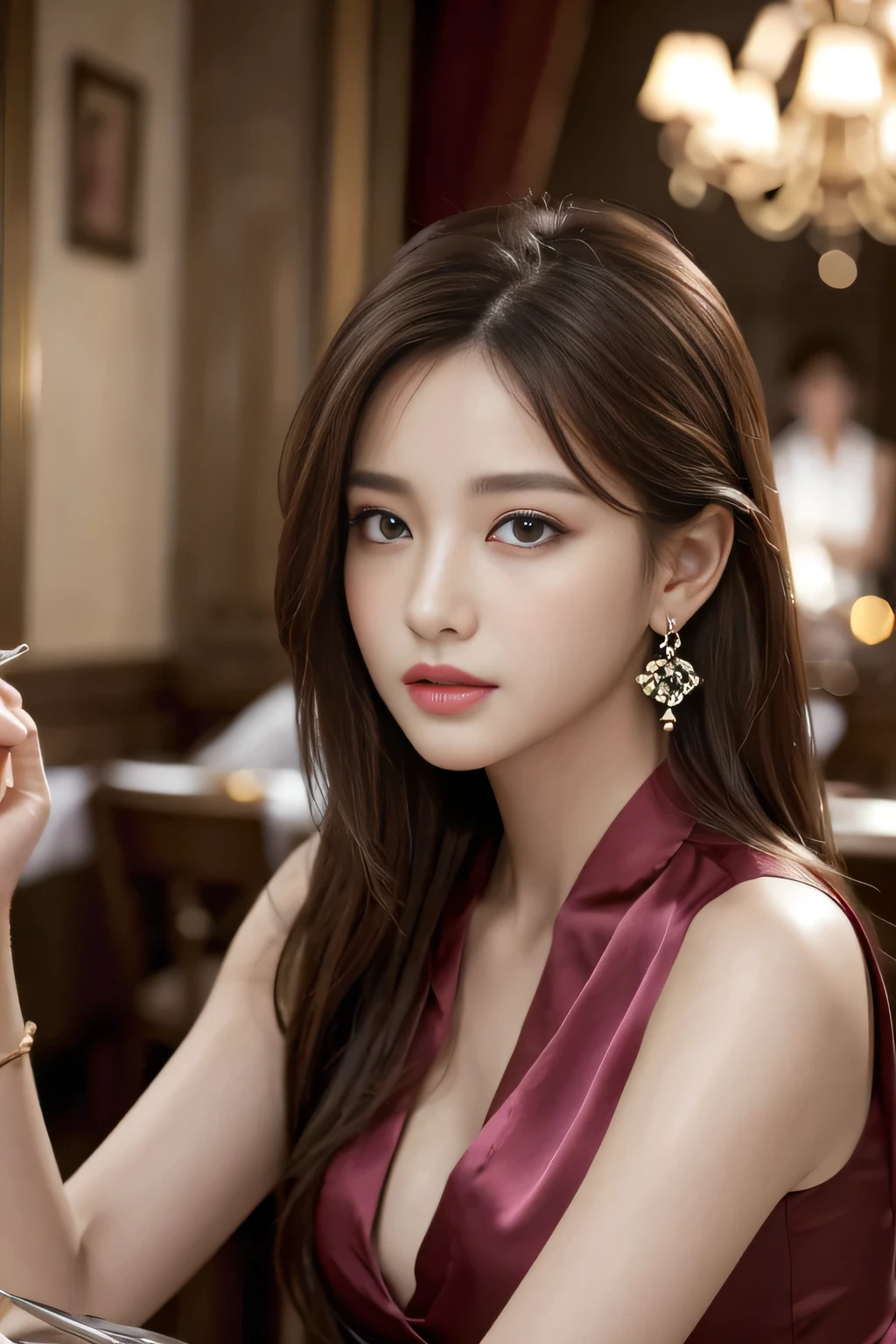 masterpiece, Highest quality, Realistic, Very detailed, Finer details, High resolution, 8k wallpaper, One beautiful woman, Wear a good quality light wine red silk shirt, In a great restaurant, At night, Light brown messy hair, Perfect dynamic composition, Beautiful and beautiful eyes、Big earrings、chest、Sleeveless shirt、
