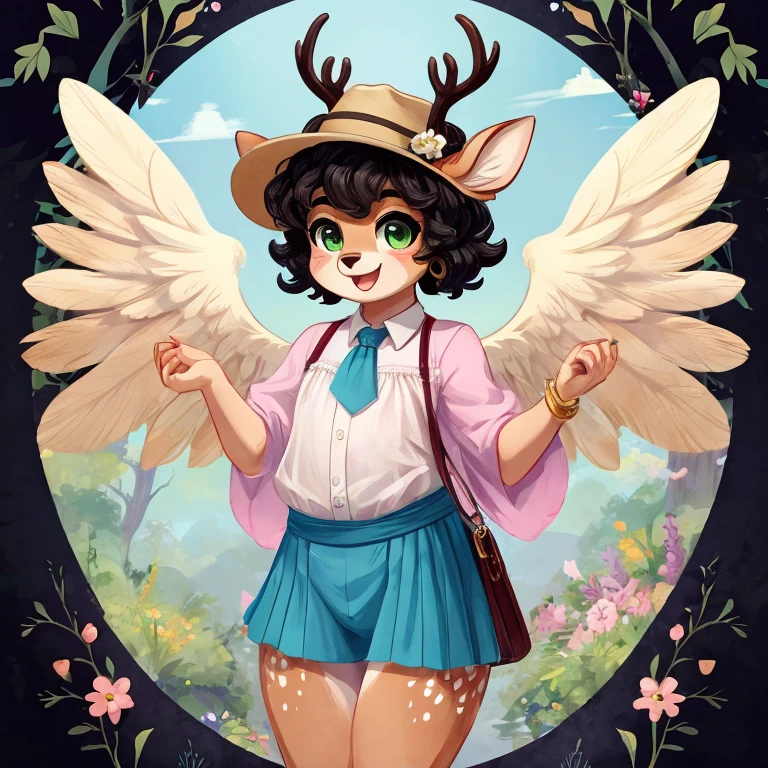 Cute, deer boy, small deer antlers, innocent, chubby, fat, big thighs, androgynous, femboy, short curly hair, black hair, fawn spots, freakles, ((cute)), smiling, wearing cottage core outfit, pastel color scheme, young, cartoony, adorable, deer tail, moss green eyes, angel wings, dynamic pose, excited pose, energetic pose, happy pose, spring, spring clothes, spring colors, flowers blooming, wearing a  chiffon blouse with bell sleeves and a tie-front detail in soft pastel colors or a simple elegant print with wide-leg culottes in a light fabric such as linen in a complementary color and low-heeled mules or block heels in a nude or pastel shade along with a fedora or wide-brimmed hat in a neutral color and minimalist gold or silver jewelry like a sleek bracelet and stud earrings also a crossbody bag or clutch with a clean, elegant design,